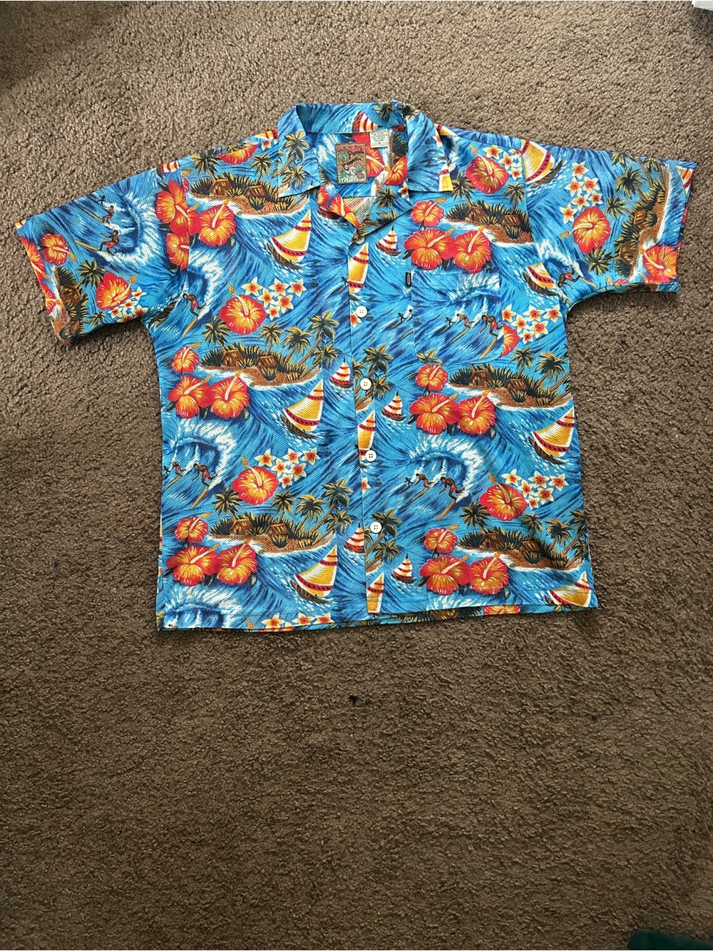 Tropical Blue Hawaiian Print Short-Sleeve Button-Down Shirt